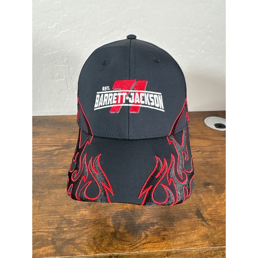 Barrett-Jackson Ahead Black Red Flame Embroidered Snapback Hat Classic Fit Mens